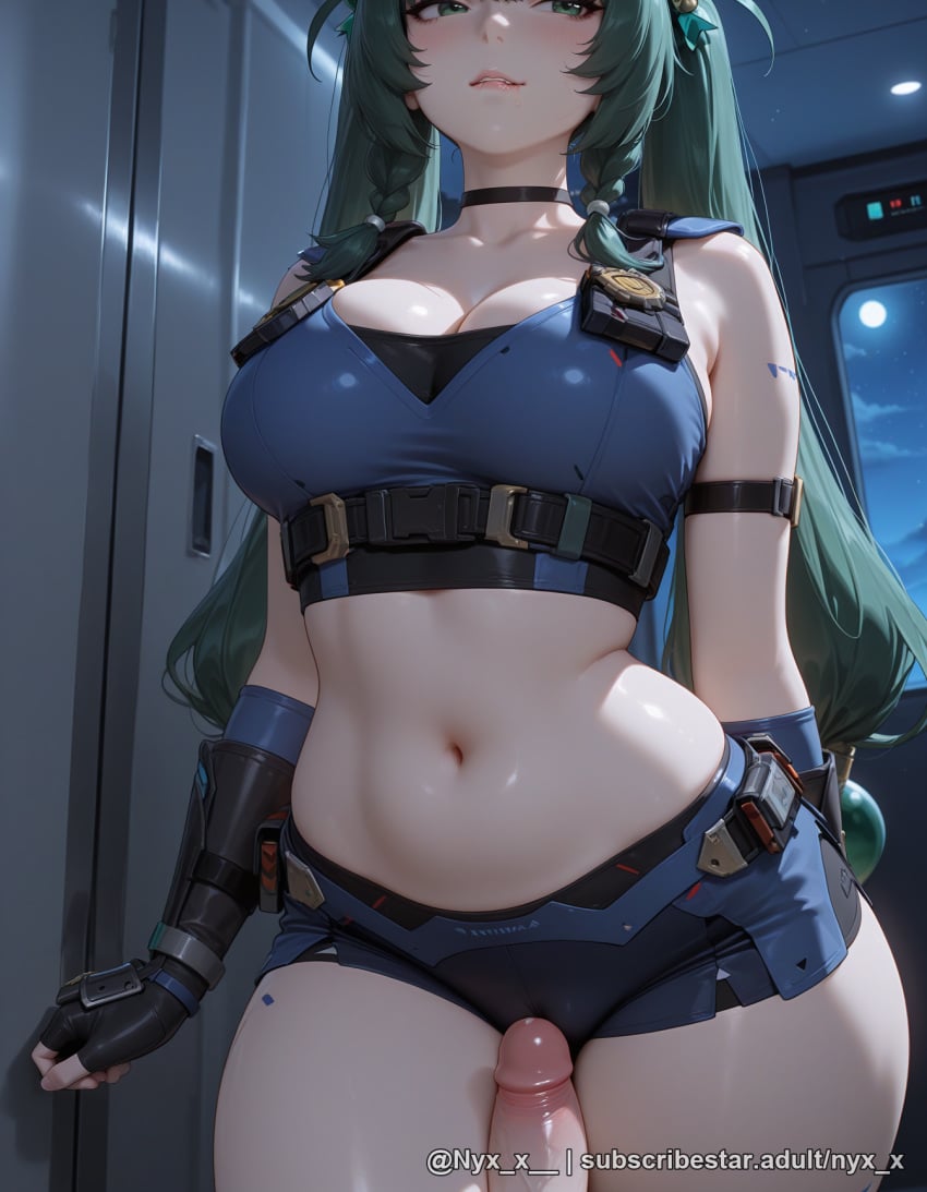 1boy 1girl ai_generated bangs bare_shoulders black_choker black_gloves blush braid breasts choker cleavage collarbone crop_top erection explicit fingerless_gloves gloves green_eyes green_hair hetero large_breasts lip_biting locker long_hair looking_at_viewer midriff navel night nyx_x parted_lips penis qingyi_(zenless_zone_zero) short_shorts shorts solo_focus stomach tattoo thigh_sex thighs twin_braids twintails uncensored zenless_zone_zero