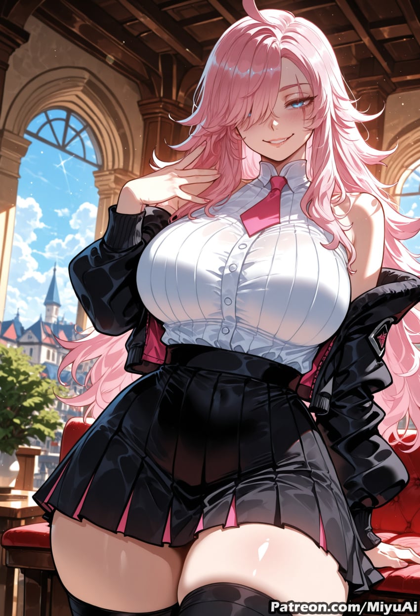 1girl ai_assisted ai_generated bare_shoulders black_jacket black_legwear black_skirt blue_eyes blush breasts curvaceous curvy curvy_female curvy_figure female hair_over_one_eye jacket katarina_(league_of_legends) large_breasts league_of_legends long_hair looking_at_viewer miyuai pink_hair shirt sitting skirt sleeveless smile solo thick thick_ass thick_butt thick_hips thick_legs thick_thighs thighhighs voluptuous voluptuous_female wide_hips wide_thighs