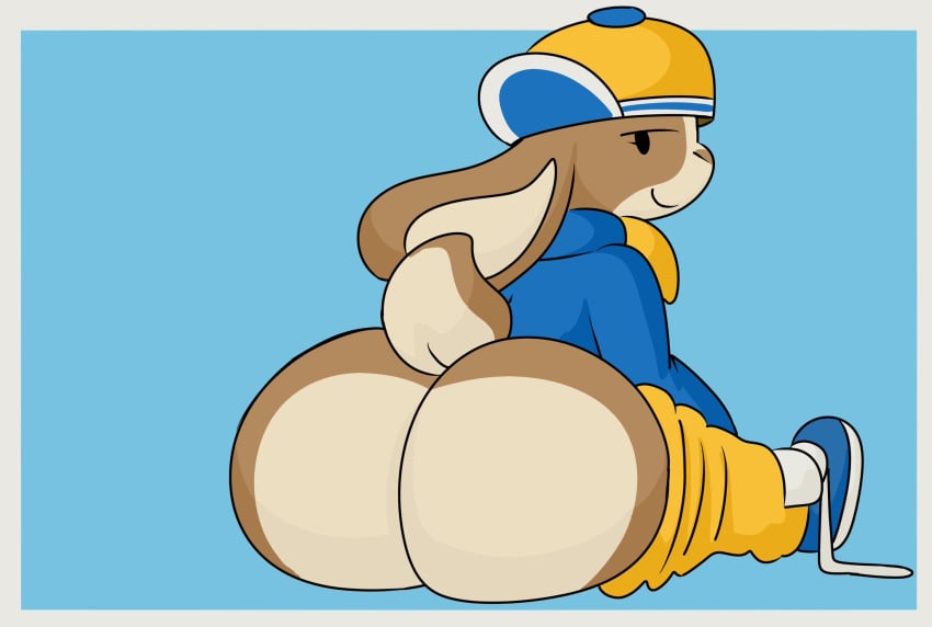 2d 2d_(artwork) anthro ass ass_focus big_ass big_thighs black_eyes blue_jacket blue_shoes brappycatty bubble_ass cap cyan_background deleted_image digital_media_(artwork) female female_focus female_only image jacket_open light_brown_body looking_at_viewer looking_back pants_down peeb_(piemations) piemations reupload shoes silly sitting smirk smirking_at_viewer sunniefunnie tagme untied_shoes yellow_pants