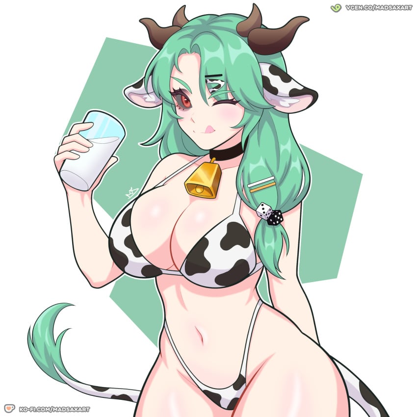 1girl 1girls animal_ears animal_print bell big_breasts bikini breasts choker colored_sclera cow_ears cow_girl cow_horns cow_print cow_print_bikini cow_tail cowbell crelly crelly_(crelly_3.0) curvy dice_hair_ornament female green_hair grey_sclera hair_ornament highleg highleg_bikini highres hips horns indie_virtual_youtuber large_breasts long_hair milk one_eye_closed print_bikini red_eyes side_ponytail solo swimsuit tail thighs tits virtual_youtuber vtuber wide_hips