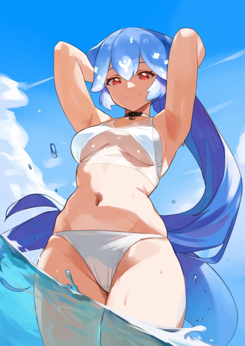1girl 1girls armpits bao_(vtuber) bao_the_whale bikini blue_hair blue_sky blue_tail breasts cetacean_tail choker cleavage female fins fish_tail hair_between_eyes highres indie_virtual_youtuber long_hair looking_at_viewer medium_breasts navel outdoors ponytail red_eyes sky smile solo standing swimsuit tail thernz thighs tits virtual_youtuber vtuber water whale_girl white_bikini