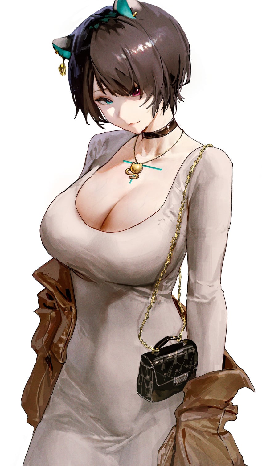 1girl 1girls absurdres animal_ears big_breasts black_choker black_hair blue_eyes body_markings breasts brown_jacket choker cleavage closed_mouth commentary dongtan_dress dress earrings english_commentary erina_makina female grey_dress hair_over_one_eye heterochromia highres jacket jewelry long_sleeves mn374390 necklace phase_connect pink_eyes short_hair solo tiger_ears tiger_girl tight_clothes tight_dress tits virtual_youtuber vtuber