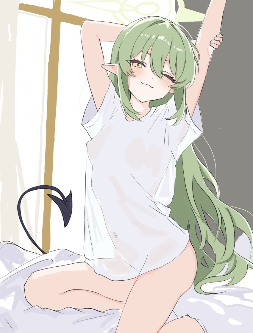 1girl :3 alternate_costume alternate_hairstyle arms_up ass black_tail blue_archive bottomless breasts commentary covered_navel demon_tail dot_nose fang green_hair green_halo halo highres kneeling light_blush long_hair looking_at_viewer naked_shirt no_bra nozomi_(blue_archive) on_bed one_eye_closed pointy_ears see-through_clothes see-through_shirt shirt sidelocks skin_fang small_breasts smile solo tail waking_up white_shirt window yellow_eyes