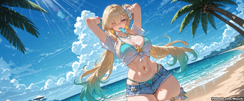 1girl ai_assisted ai_generated armpits arms_behind_head bangs beach bikini blonde_hair blue_sky bracelet breasts cleavage cloud curvaceous curvy curvy_female curvy_figure day denim denim_shorts elf female front-tie_top hair_ornament hair_tie_in_mouth large_breasts long_hair looking_at_viewer lynae_(wuthering_waves) miyuai mouth_hold navel ocean one_eye_closed outdoors palm_leaf palm_tree pointy_ears purple_eyes sand shirt short_shorts shorts sky solo swimsuit thick thick_ass thick_butt thick_hips thick_legs thick_thighs tied_shirt tree twintails tying_hair very_long_hair voluptuous voluptuous_female water wide_hips wide_thighs wuthering_waves
