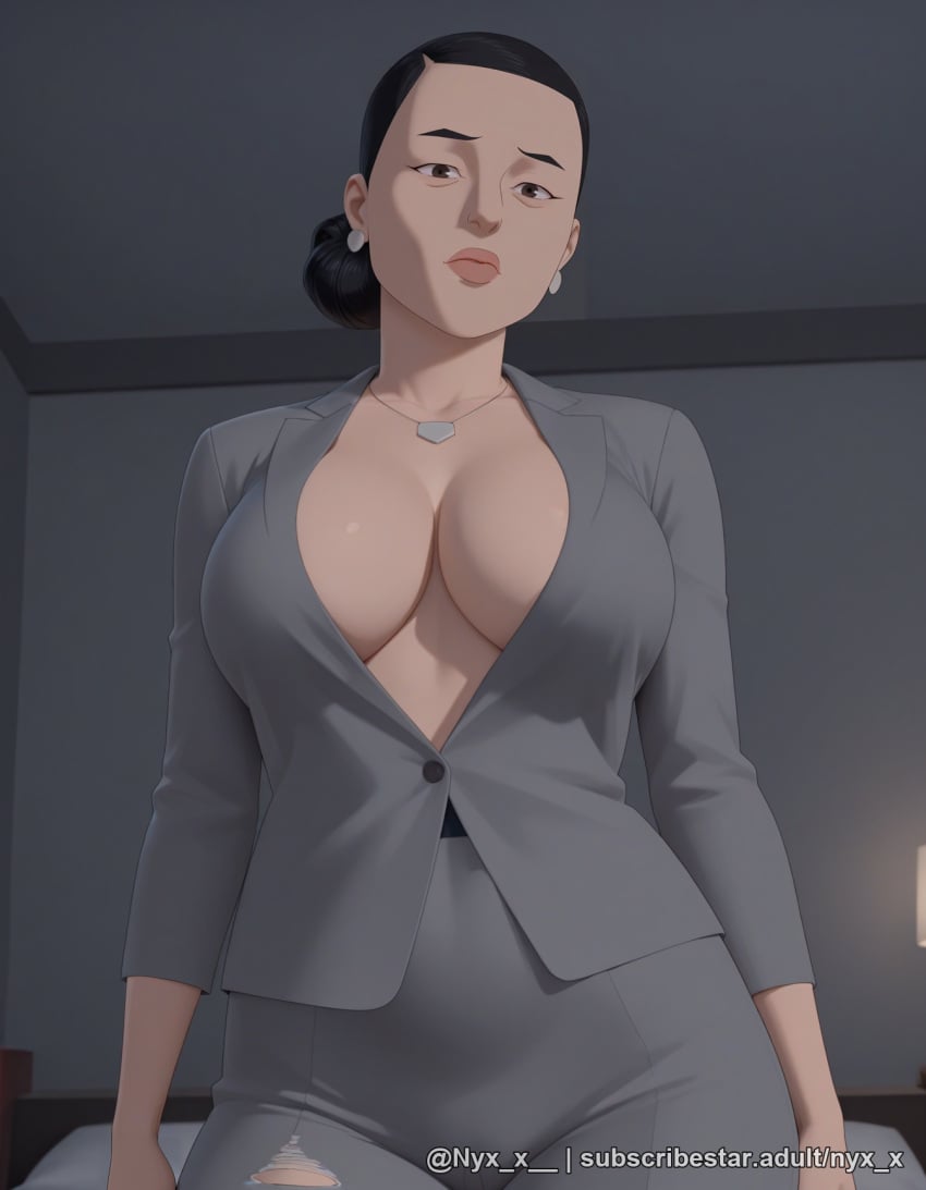 1girl ai_generated black_hair breasts brown_eyes cleavage closed_mouth debbie_grayson earrings formal grey_jacket grey_pants grey_skirt hair_bun indoors invincible jacket jewelry large_breasts lips looking_at_viewer mature_female necklace no_bra nyx_x office_lady pants sensitive single_hair_bun skirt solo suit torn_clothes torn_pants