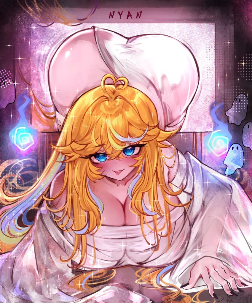 1girl 1girls ahoge arielle_(vtuber) ass ass_focus big_breasts black_nails blonde_hair blue_eyes blue_fire breasts cleavage colored_inner_hair crt dress fat_ass female fire ghost hair_between_eyes heart heart_ahoge highres huge_ass huge_breasts indie_virtual_youtuber large_breasts long_hair looking_at_viewer multicolored_hair nyanmei rainbow_hair solo static tits tongue tongue_out virtual_youtuber vtuber white_dress