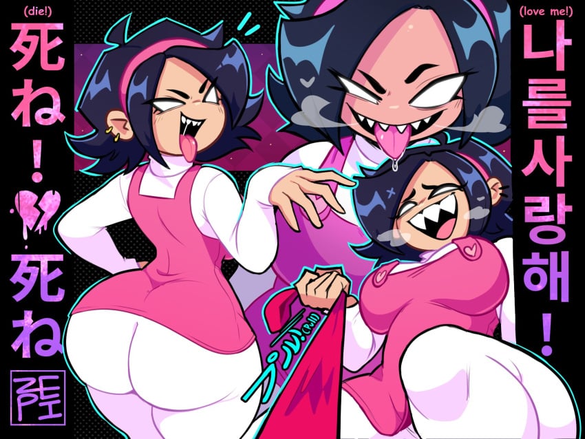 ass big_ass big_breasts breasts butt close-up crazy_female ear_piercing earrings female femdom friday_night_funkin heart heart_symbol huge_ass nene_(newgrounds) newgrounds open_mouth pico's_school piercing pulling_tie saliva saliva_on_tongue sharp_teeth smile smiling smiling_at_viewer text zepiereite