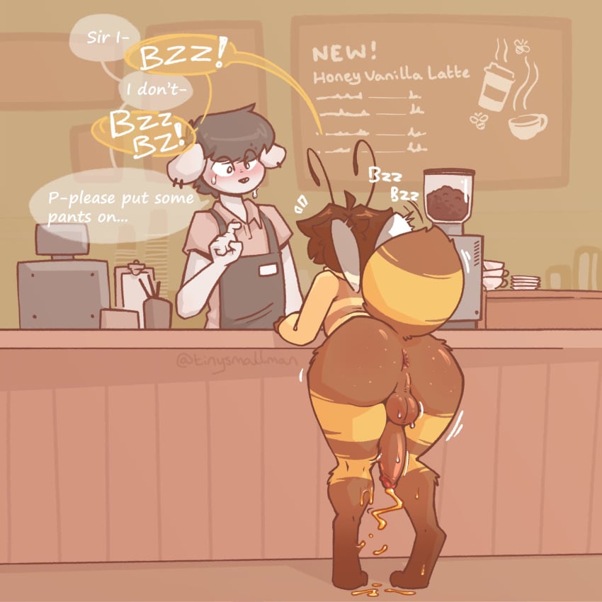 bee cafe cum cumming_uncontrollably dark-skinned_male dark_skinned_femboy embarrassed femboy furry honey_(food) mazus_(tinysmallman) nude striped_body tail thick_thighs tinysmallman unusual_cum