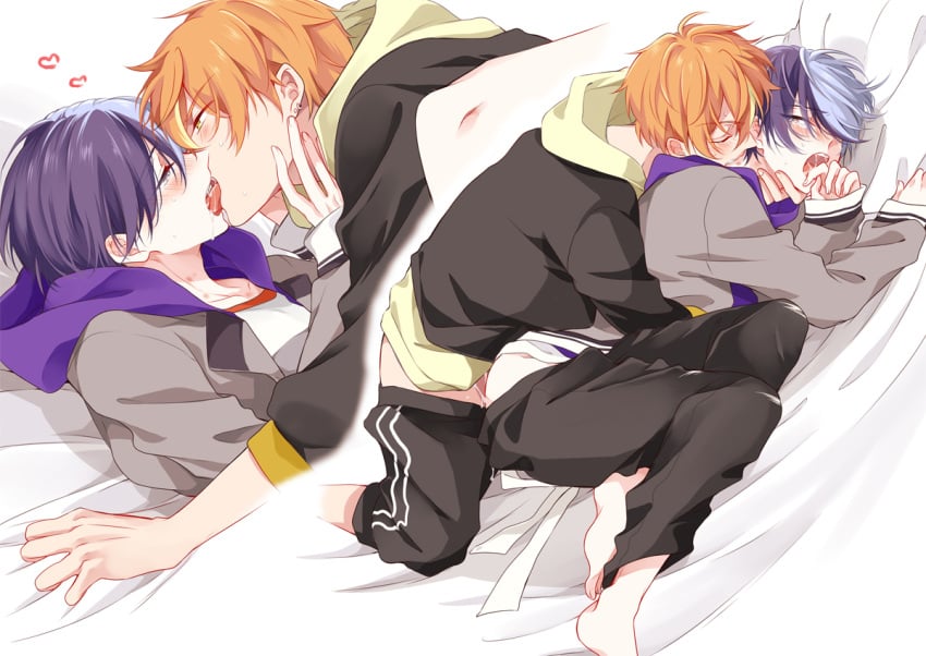 2boys anal aoyagi_touya aruke_(rk_prsk) barefoot bed_sheet blonde_streaks blue_hair blush closed_eyes commentary_request earrings eye_contact french_kiss green_eyes grey_eyes half-closed_eyes hood hooded_jacket hoodie jacket jewelry kiss looking_at_another looking_at_viewer male_focus male_penetrated multicolored_hair multiple_boys multiple_views open_clothes open_jacket open_mouth orange_hair pants project_sekai saliva sex shinonome_akito shirt short_hair sidelocks sleeves_past_wrists split-color_hair streaked_hair t-shirt tongue tongue_out two-tone_hair yaoi yellow_eyes