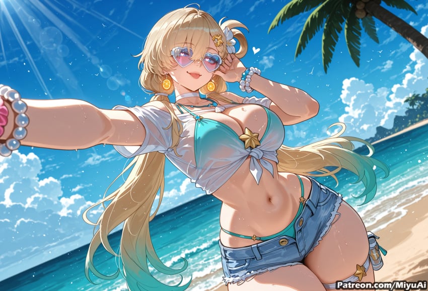 1girl ahoge ai_assisted ai_generated bangs beach bead_bracelet bikini bikini_under_clothes blonde_hair blue_sky bracelet breasts cleavage cloud cowboy_shot curvaceous curvy curvy_female curvy_figure day denim denim_shorts earrings female front-tie_top hair_ornament highleg_bikini jewelry large_breasts lens_flare light_rays long_hair looking_at_viewer lynae_(wuthering_waves) miyuai navel necklace ocean open_mouth outdoors palm_tree sand scrunchie see-through shirt shore short_shorts shorts side-tie_bikini sky smile solo standing sunglasses sunlight swimsuit thick thick_ass thick_butt thick_hips thick_legs thick_thighs thigh_strap tied_shirt tongue tree twintails very_long_hair voluptuous voluptuous_female water wet wet_clothes wide_hips wide_thighs wrist_scrunchie wuthering_waves