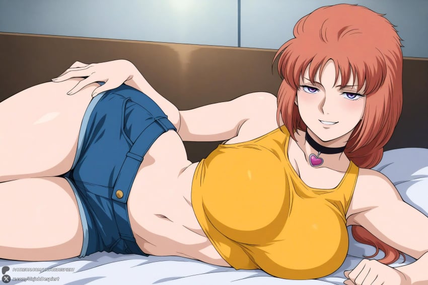 1female 1girl 1girls 2026 ai_generated artist_name big_ass big_breasts blush breasts choker crop_top curvy denim denim_shorts gundam gundam_unicorn hand_on_hip heart hi_res high_quality high_resolution highres huge_ass huge_breasts large_breasts long_hair looking_at_viewer lying marida_cruz midriff mobile_suit_gundam navel on_side orange_hair patreon patreon_username purple_eyes short_shorts shorts smile solo tank_top thighs unjobdespiert watermark web_address
