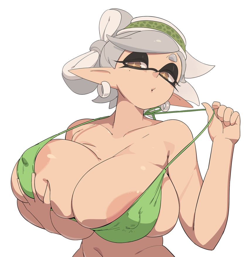 1girls aerolae bikini_top earrings green_bikini hat headwear kids_gamera looking_at_another low-angle_view marie_(splatoon) nintendo nipple_bulge pulling_clothing short_hair solo splatoon splatoon_(series) tied_hair useless_clothing white_background white_hair yellow_eyes yuta_agc