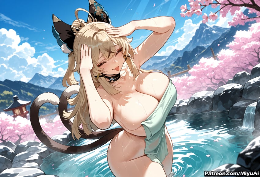 1girl ahoge ai_assisted ai_generated artist_name bangs blonde_hair bow breasts cherry_blossoms cleavage collarbone curvaceous curvy curvy_female curvy_figure day female genshin_impact hair_bow huge_breasts kirara_(genshin_impact) large_breasts long_hair looking_at_viewer miyuai okita_souji_(fate)_(all) onsen outdoors petals rock sky smile solo thick thick_ass thick_butt thick_hips thick_legs thick_thighs tongue tongue_out towel tree voluptuous voluptuous_female water wet wide_hips wide_thighs