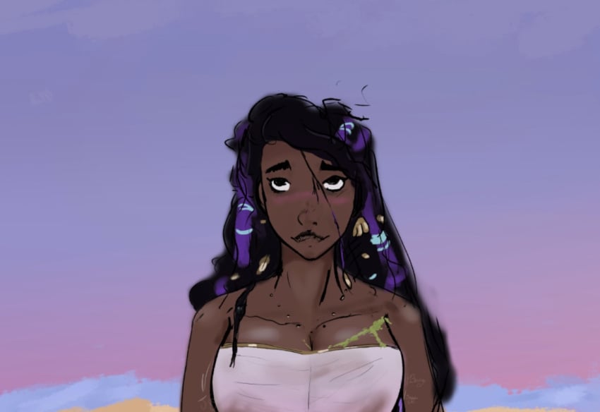 blush blushing calypso calypso_(epic_the_musical) clothed clothing dark-skinned_female dark_skin dreadlocks epic_the_musical nipples purple_hair see-through see-through_clothes see-through_clothing suggestive sweat sweating sweaty