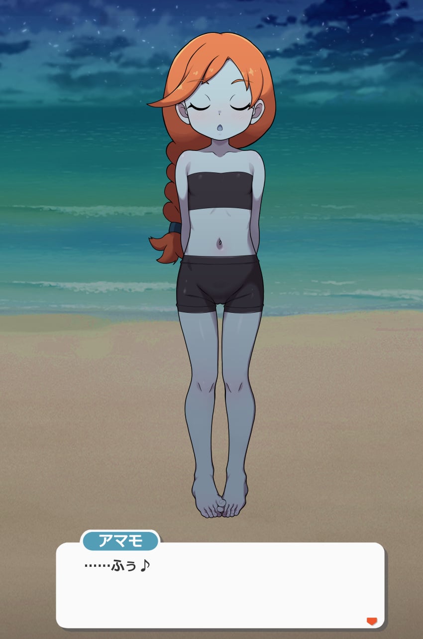 1girls alien alien_girl beach bikini blue_body blue_eyes blue_nipples blue_pussy blue_skin blue_tongue dialogue exhibitionism female flat_chest flat_chested japanese_text nintendo orange_hair orange_pupils outdoor_nudity outdoors petite petite_body pokemon pokemon_sm pokemon_usm ponytail solo tied_hair ultra_recon_squad zossie_(pokemon)