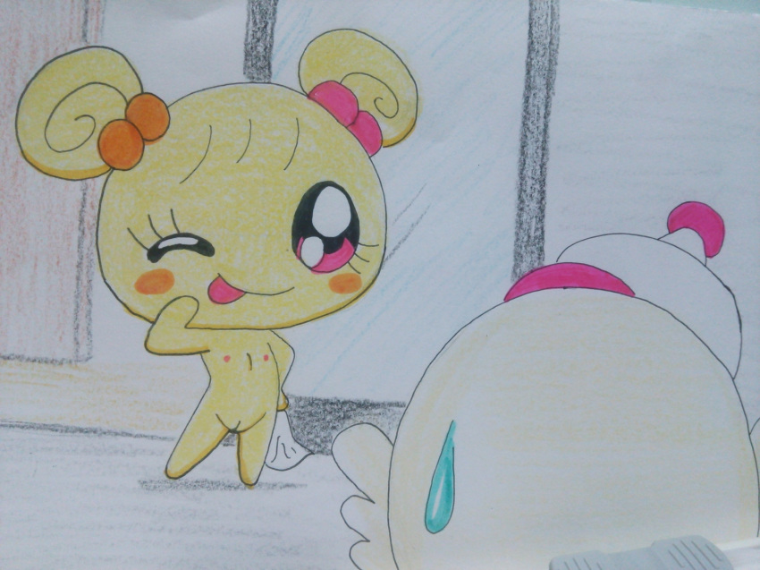 character_request cute female heart mikeytchi_ana nipples nude one_eye_closed pink_eyes pose pussy satellite shower_room sweat sweatdrop tamagotchi tehetchi towel unknown_artist wink