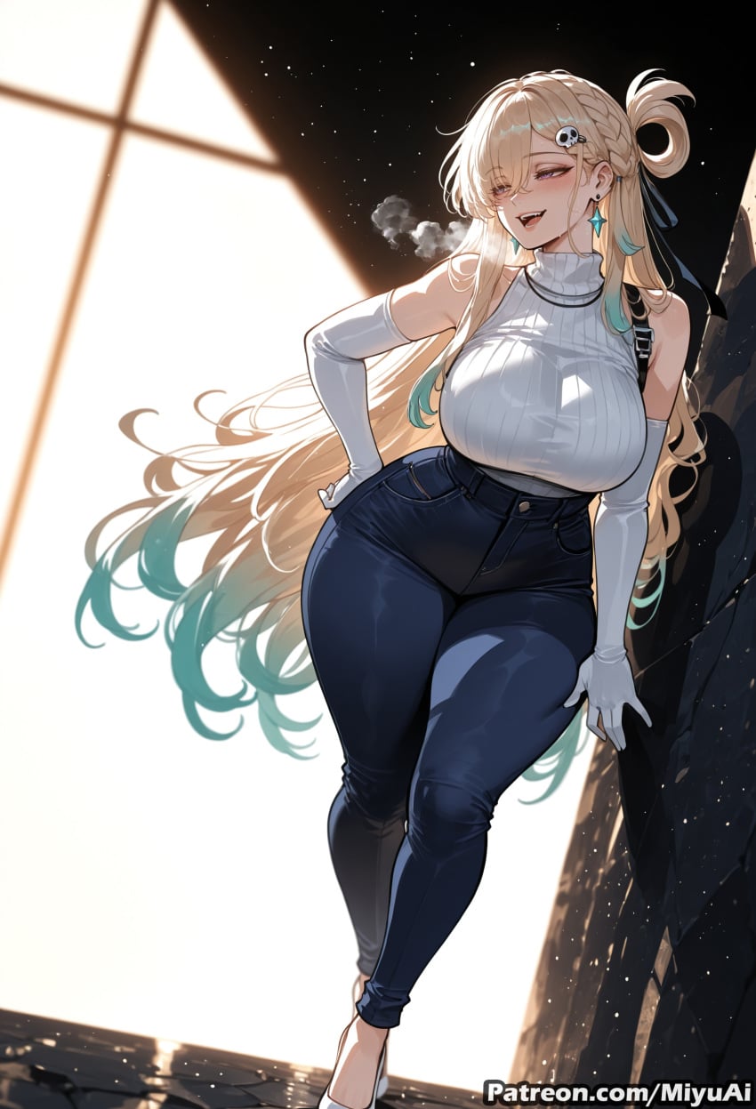 1girl ai_assisted ai_generated bangs bare_shoulders belt blonde_hair blush braid breasts curvaceous curvy curvy_female curvy_figure denim earrings elbow_gloves female gloves hair_ornament hairclip hand_on_hip jewelry large_breasts long_hair looking_at_viewer lynae_(wuthering_waves) miyuai one_side_up open_mouth pants sleeveless sleeveless_shirt smile solo thick thick_ass thick_butt thick_hips thick_legs thick_thighs thighs very_long_hair voluptuous voluptuous_female white_gloves wide_hips wide_thighs wuthering_waves