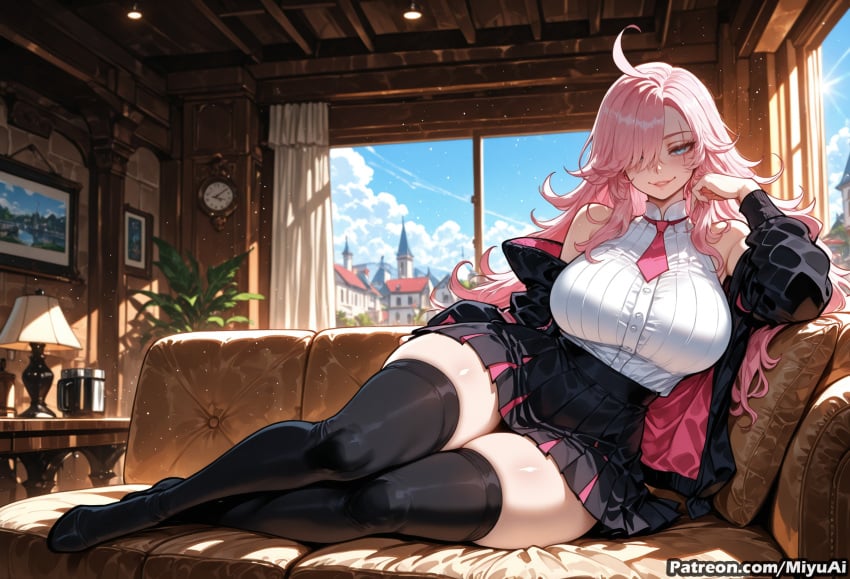 1girl ahoge ai_assisted ai_generated artist_name bare_shoulders black_legwear black_skirt blue_eyes blush breasts cloud curvaceous curvy curvy_female curvy_figure day female hair_over_one_eye indoors jacket katarina_(league_of_legends) large_breasts league_of_legends long_hair looking_at_viewer miyuai pink_hair plant potted_plant shirt sitting skirt sky sleeveless smile solo sunlight thick thick_ass thick_butt thick_hips thick_legs thick_thighs thighhighs thighs voluptuous voluptuous_female white_shirt wide_hips wide_thighs window