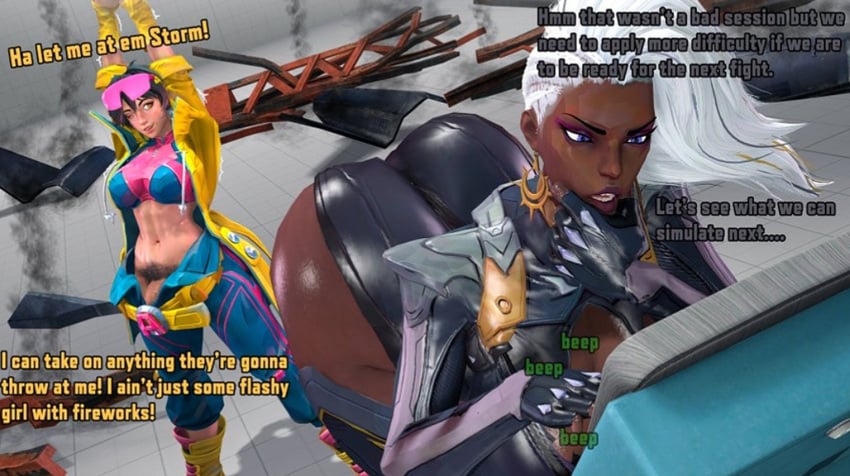 1futa 1futa1girl ass big_ass black_female bulge comic female futa_on_female futa_with_female futanari huge_ass interracial jubilation_lee jubilee jubilee_(marvel_rivals) large_bulge marvel marvel_comics marvel_rivals ororo_munroe storm_(marvel_rivals) storm_(x-men) stretching text theboobedone x-men