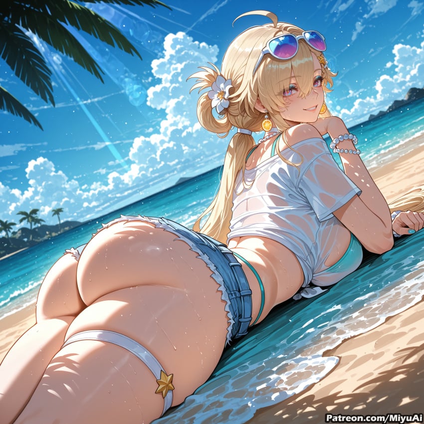 1girl ahoge ai_assisted ai_generated ass bangs beach belt bikini blonde_hair blue_sky blush bracelet breasts cloud curvaceous curvy curvy_female curvy_figure cutoffs dark_skin day denim denim_shorts earrings eyebrows_visible_through_hair eyewear_on_head feet_up female flower grin hair_between_eyes hair_flower hair_ornament huge_ass jewelry large_breasts long_hair looking_at_viewer looking_back lying lynae_(wuthering_waves) miyuai nail_polish ocean on_stomach outdoors palm_tree parted_lips sand see-through shirt short_shorts shorts skindentation sky smile solo star_(symbol) starfish sunglasses sunlight swimsuit thick thick_ass thick_butt thick_hips thick_legs thick_thighs thigh_strap thighs tree voluptuous voluptuous_female water wet wet_clothes wet_shirt white_shirt wide_hips wide_thighs wuthering_waves