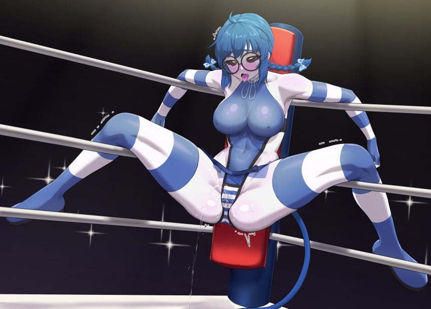 1boy 1girl 1girls absurdres after_ejaculation ahoge big_breasts blue_hair blue_leotard blue_thighhighs blush boxing_ring braid braided_twintails breasts choker colored_sclera colored_skin colored_tongue covered_erect_nipples female female_ejaculation frilled_choker frills glasses grey_sclera grey_skin highres humiliation large_breasts leotard muscular muscular_male open_mouth orgasm punching purple_tongue pussy_juice round_eyewear sharp_teeth socks_agency spookyjamil spread_legs squirting teeth thighhighs thighs tiefling tits virtual_youtuber vtuber yellow_eyes yomi_quinnley