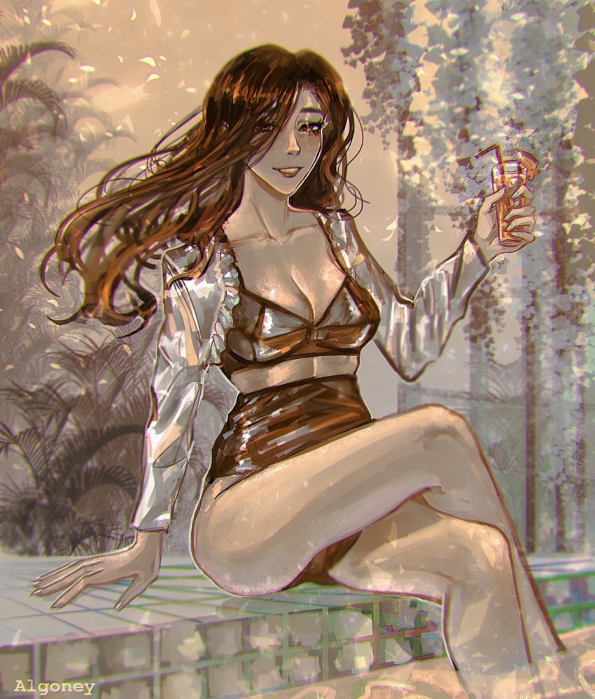 ass big_ass brown_hair cleavage cleavage_overflow coat coat_on_shoulders curvy curvy_female dark-skinned_female dark_skin dias_(distortion_detective) distortion_detective drink drinking flowers glass_in_hand hair_over_one_eye legs long_hair medium_breasts midriff_peek nipple_bulge project_moon sitting skirt straight_hair thick_thighs top wide_hips
