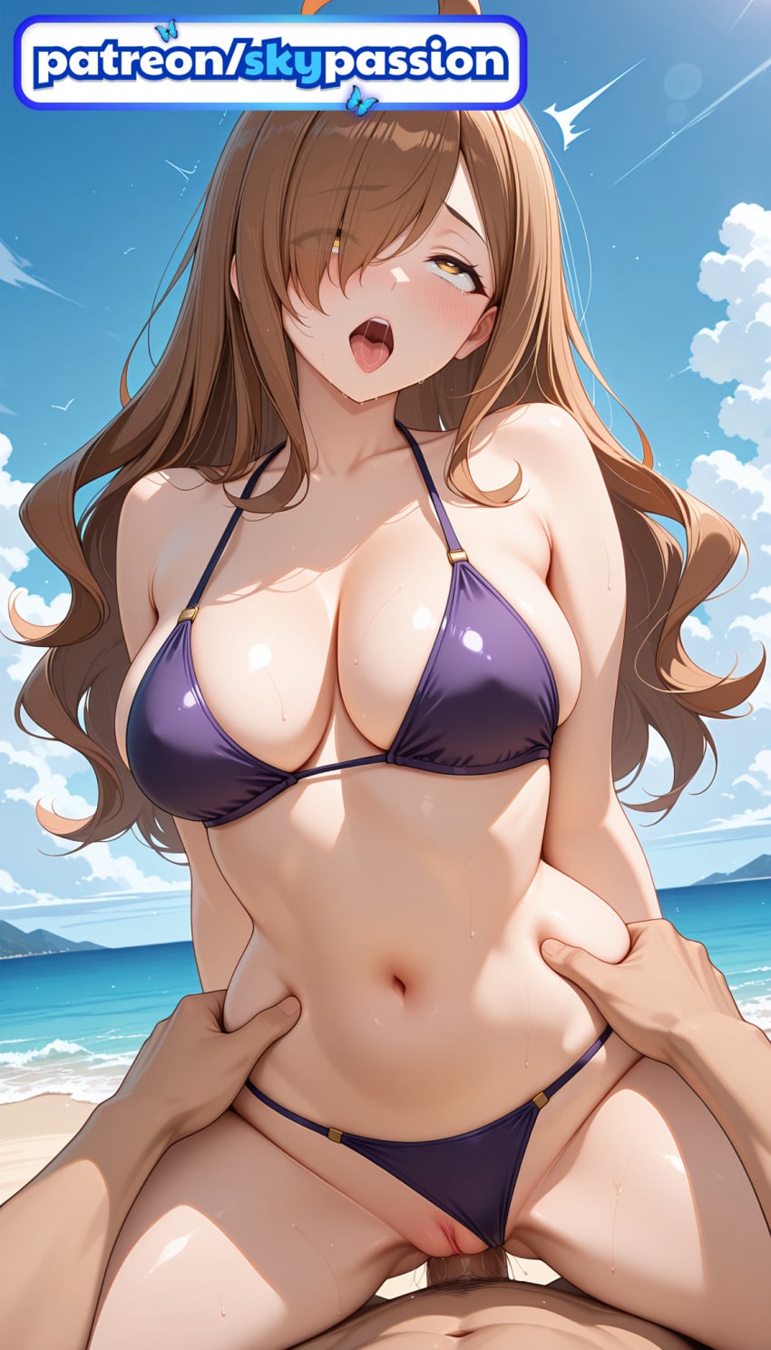 1boy 1girls 2026 ai_assisted ai_generated anime beach bikini blue_sky boobs breasts bust clothing_aside cloud cowgirl_pose cowgirl_position female_genitalia genitals girl_on_top hair_over_one_eye hetero hi_res high_quality high_resolution highres kono_subarashii_sekai_ni_shukufuku_wo! konosuba long_hair love_making navel open_mouth outdoors patreon patreon_username penetration pussy sand sex sexual_intercourse shore sky skypassion stable_diffusion straddling swimsuit tits uncensored_pussy uncensored_vagina water watermark wiz_(konosuba) woman_on_top