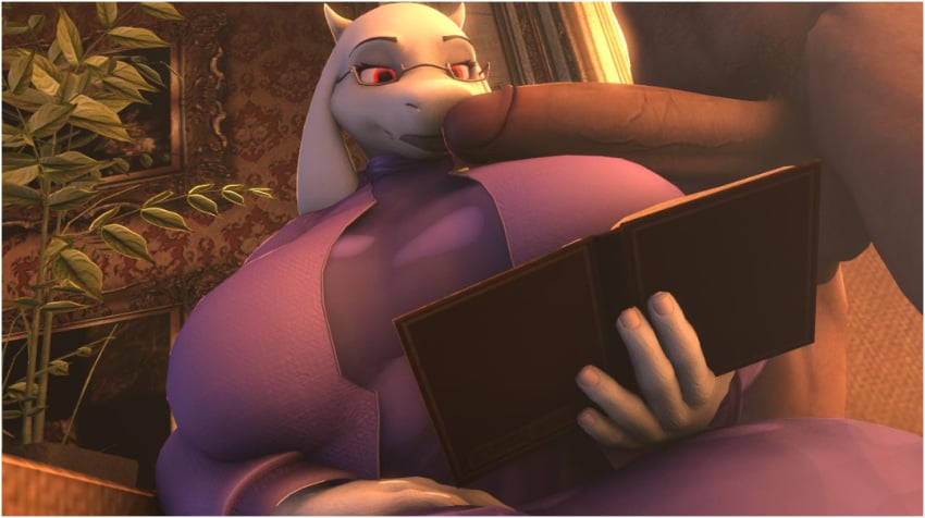 1boy 1boy1girl 1girls afternoon animal_ears big_breasts glasses horns imminent_fellatio imminent_sex lipstick natural_light no_sex_(yet) penis_in_mouth rayhuma reading toriel undertale unseen_male_face