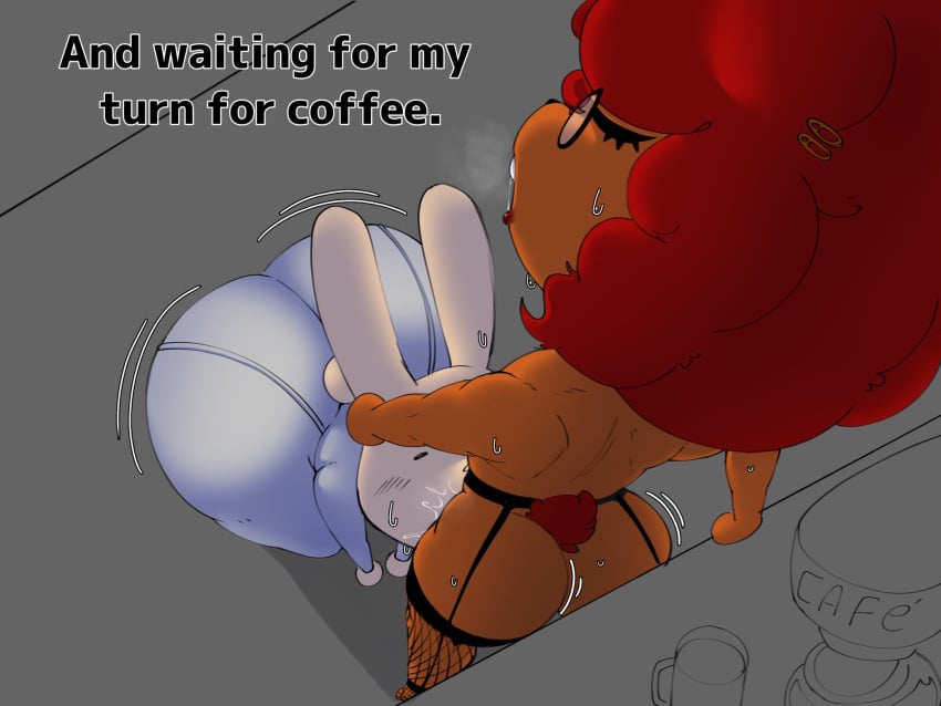 1boy 1girls 2026 4:3 animal_hospital anthro ass bell_crd big_ass bunny bunny_ears clothed coffee eating_pussy furry glasses hospital intern_(animal_hospital) kneeling kneeling_oral_position male oral oral_sex red_hair roblox roblox_game saliva saliva_string secretary_(animal_hospital) sheep shortstack simple_background sweat tagme