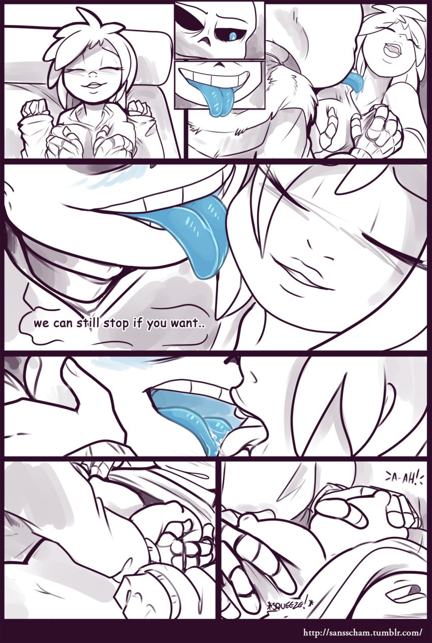 biting black_and_white blue_eye blue_tongue blush breast_fondling breasts clothed clothing comic female female_frisk female_human fondling frisk human interspecies kayla-na kissing licking licking_neck male male/female moaning monster movie_night_(kayla-na) sans sansscham sex skeleton smiling straight tongue undead undertale