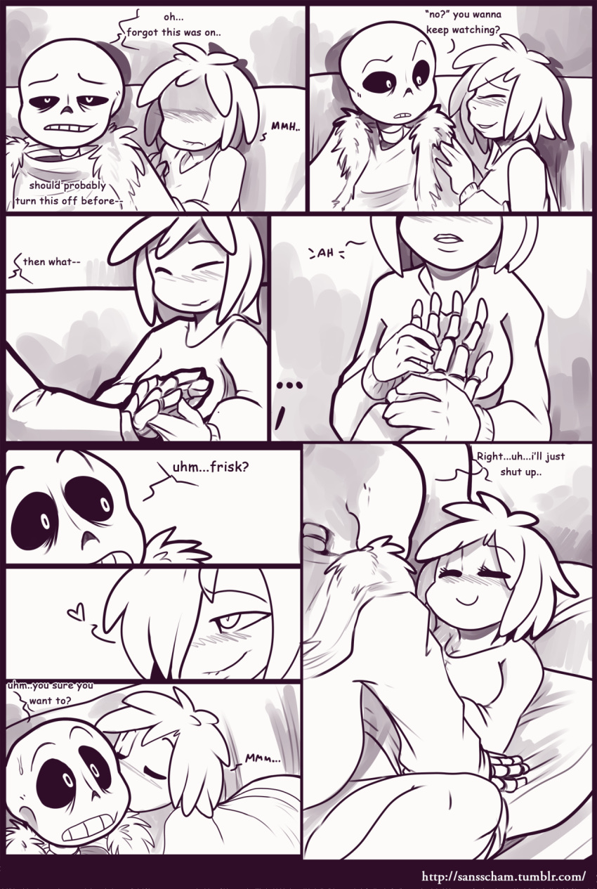blush breasts calves clothed clothing comic female female_frisk female_human frisk human interspecies kayla-na male male/female moaning monster movie_night_(kayla-na) sans sansscham skeleton straight thighs undertale