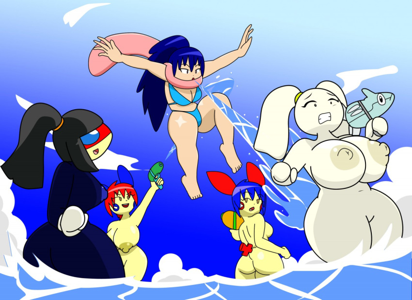 anthro arc_the_plusle armpits ass ass_bigger_than_breasts ass_size_difference ass_vs_breasts black_hair blue_eyes blue_hair blue_skin bottom_heavy breast_size_difference breasts breasts_bigger_than_ass cindy_the_ledian clenched_teeth coil_the_minun floette greninja huge_breasts igphhangout large_breasts ledian minun mizu_(igphhangout) nipples nude original plusle pokemon pokemon_(species) purple_eyes red_hair remoraid skinny_dipping sophia_the_floette top_heavy water water_gun white_hair white_skin yellow_skin