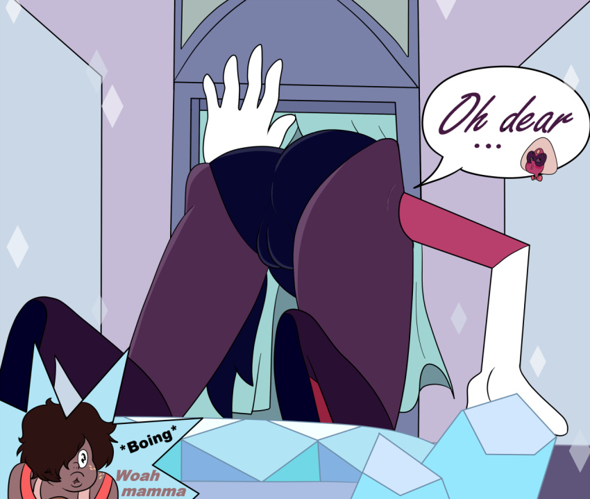 2girls accidentally_stuck ass ass_up cameltoe cartoon_network clothed dialogue english_text female female_only female_with_female femsub gem_(species) gem_fusion know_your_fusion_(steven_universe) large_ass pussy pussy_visible_through_clothes sardonyx_(steven_universe) sleeptalker smoky_quartz_(steven_universe) steven_universe stuck stuck_in_door text yuri