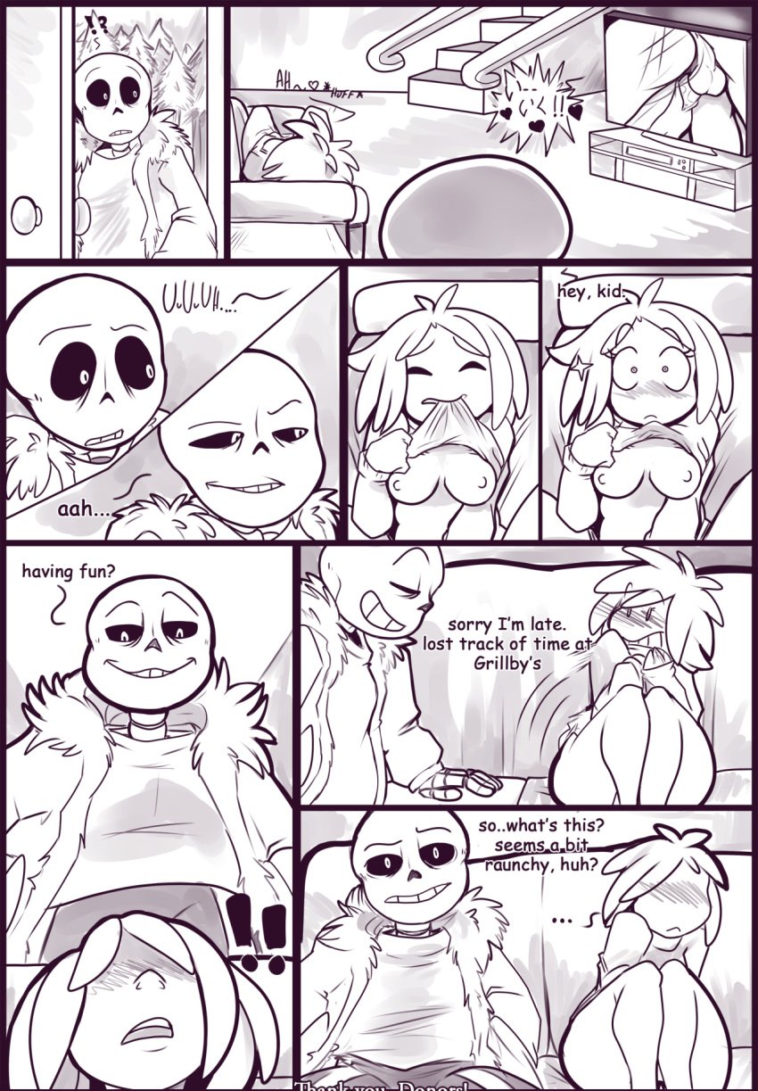 ! 1boy 1girls ass awkward big_ass blush breasts busted caught clothes clothing comic female frisk human kayla-na male masturbation moaning monochrome monster movie_night_(kayla-na) sans sansscham shirt_lift skeleton text thighs undertale