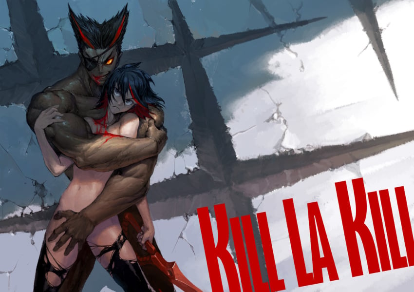 1boy 1girls anthro black_eyes black_hair blood eye_patch female kill_la_kill loped male matoi_ryuuko nude senketsu short_hair sword thighhighs torn_clothes weapon yellow_eyes