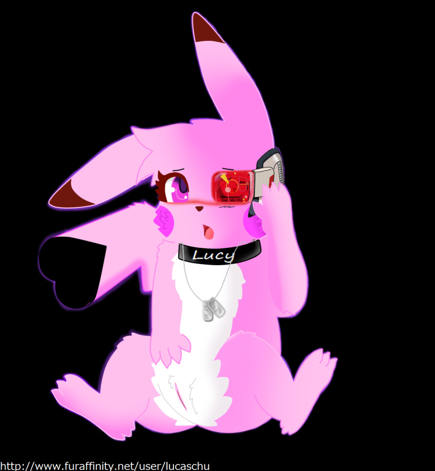 1girls black_background blush collar cosplay_pikachu crotch_tuft dog_tags female female_only feral fur humanoid_pussy lucaschu lucychu nintendo pikachu pink_fur pokemon pussy simple_background solo spread_legs spreading url video_games visor