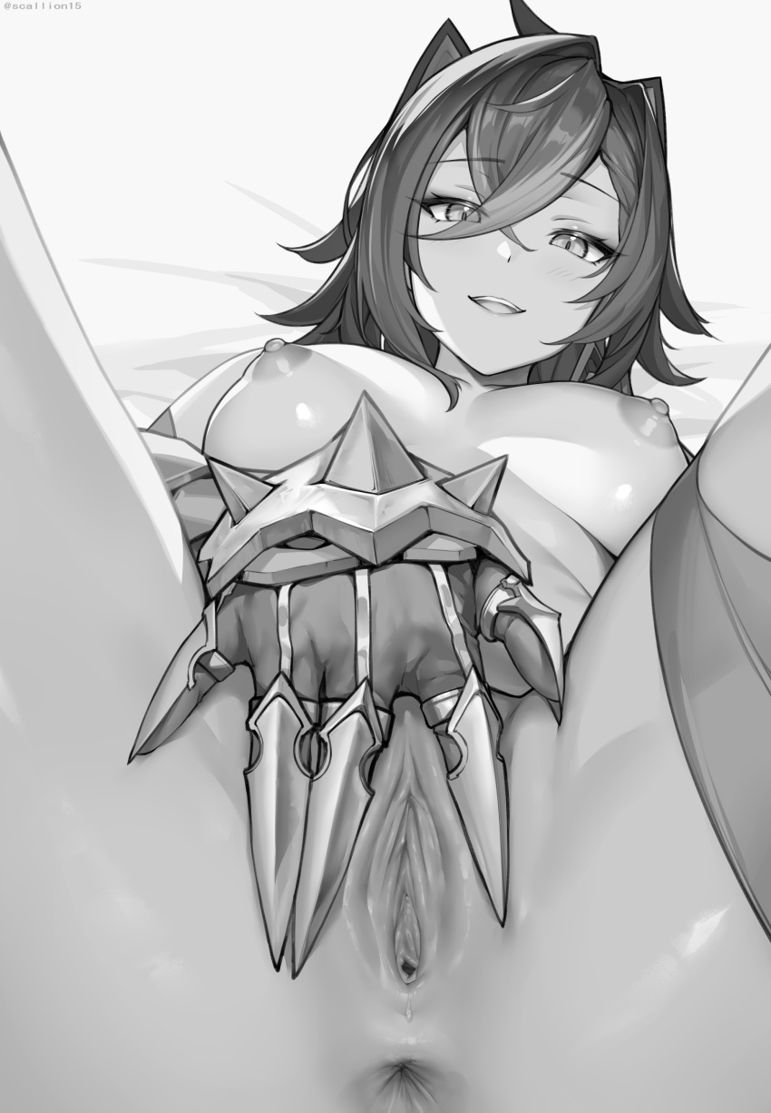 :d absurdres anus bangs blush breasts claw_ring close-up crossed_bangs dark-skinned_female dark_skin dehya_(genshin_impact) female genshin_impact gloves greyscale hair_between_eyes hair_ears hair_intakes highres large_breasts long_hair looking_at_viewer lying monochrome nipples nude on_back open_mouth presenting pussy pussy_juice scallion15 smile solo spiked_knuckles spread_legs spread_pussy thigh_strap twitter_username uncensored upper_body