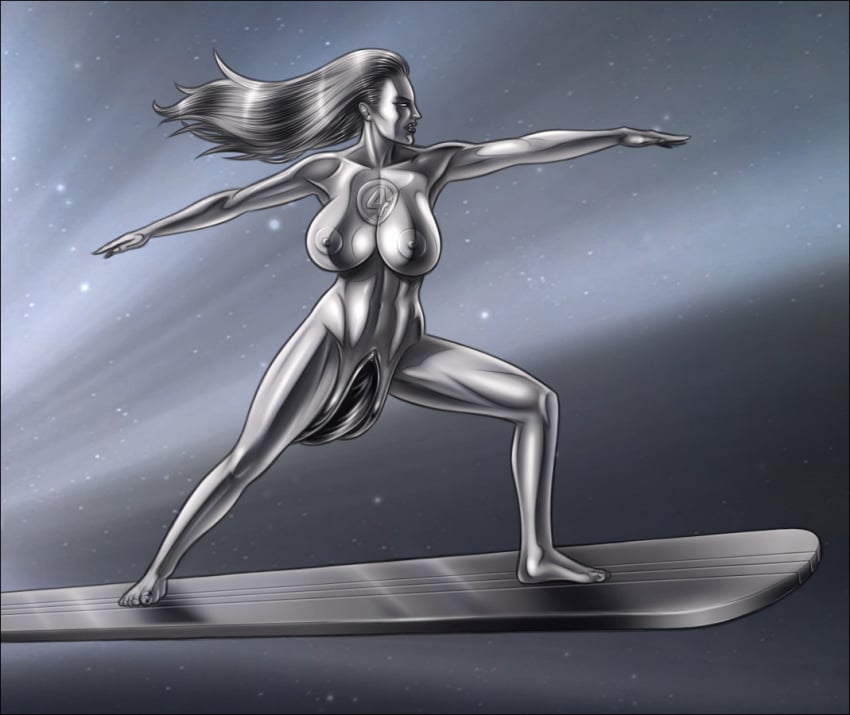 1girls big_breasts breasts fantastic_four female female_only gaping_pussy high-heeled_jill invisible_woman marvel marvel_comics metallic_body nipples nude pussy silver_skin silver_surfer solo sue_storm surfboard