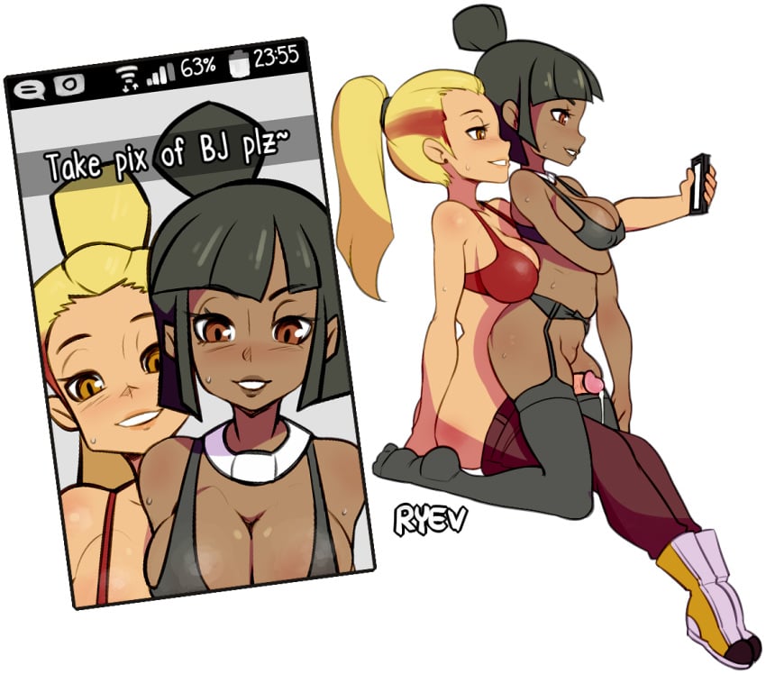 1girls analiss_oc athorment_oc barely_clothed big_breasts black_hair blonde_hair bottomless bra breasts brown_eyes cleavage cowgirl_position cum dark-skinned_female dark_ryev erection female female_on_futa futa_with_female futanari hips interracial intersex jae_(analiss) long_hair looking_at_viewer multiple_girls neferi_(athorment) original_character penis photo ponytail ryev small_breasts smile snapchat stockings thighhighs thighs tied_hair wide_hips