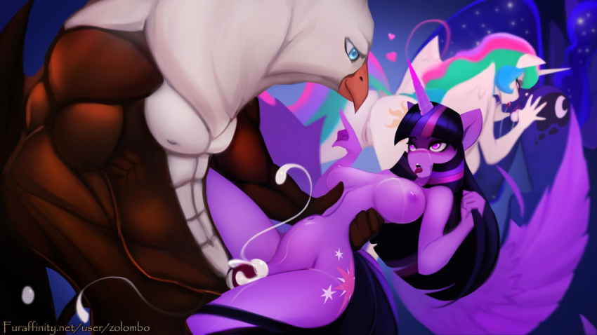 2016 abs alicorn anthro anthrofied avian breasts cum equine female friendship_is_magic gryphon horn male mammal my_little_pony nipples penetration princess_celestia_(mlp) princess_luna_(mlp) stomach_bulge straight twilight_sparkle_(mlp) vaginal_penetration wings zolombo