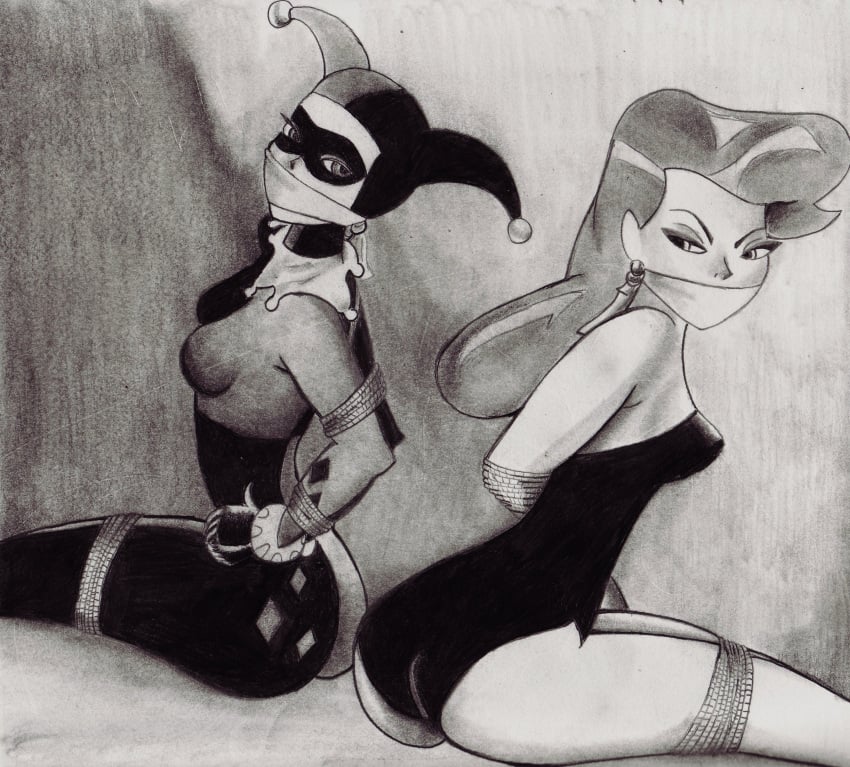 2girls batman:_the_animated_series batman_(series) bondage bound bound_ankles bound_arms bound_legs bound_together bound_wrists cloth_gag dc_comics dcau female female_only femsub gag gagged harley_quinn harley_quinn_(classic) monochrome multiple_girls multiple_subs over_the_mouth_gag poison_ivy poison_ivy_(dcau) rework rope rope_bondage snowking68 supervillainess tied tied_up