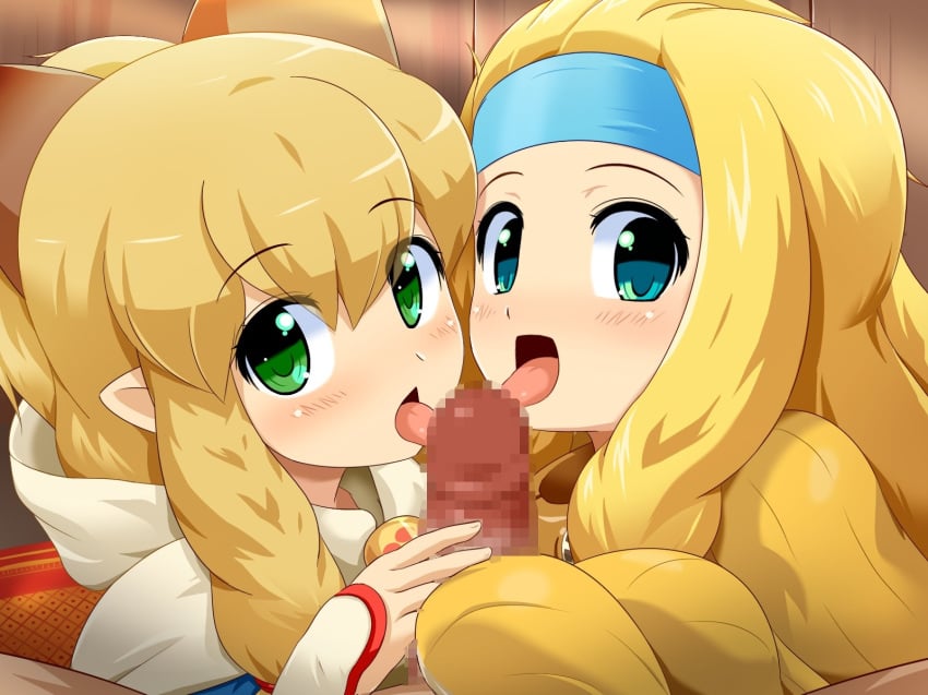 2girls blonde_hair blue_eyes blush breasts capcom censored crafting_shop_daughter_(monster_hunter) green_eyes headband konpeto licking little_miss_forge meowstress monster_hunter multiple_girls nekojo penis sweat