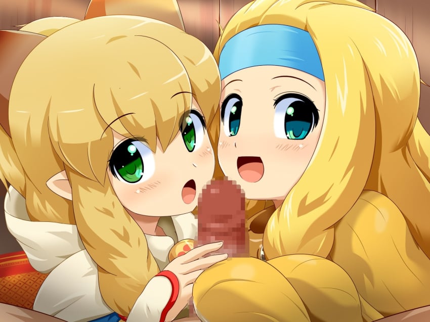 2girls blonde_hair blue_eyes blush breasts capcom censored crafting_shop_daughter_(monster_hunter) headband konpeto little_miss_forge meowstress monster_hunter multiple_girls nekojo penis sweat