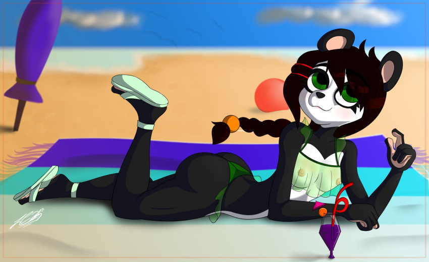 1girls alluring-taili anthro beach bikini black_hair crash_(series) female furry nipples_visible_through_clothing panda small_breasts swimsuit yaya_panda