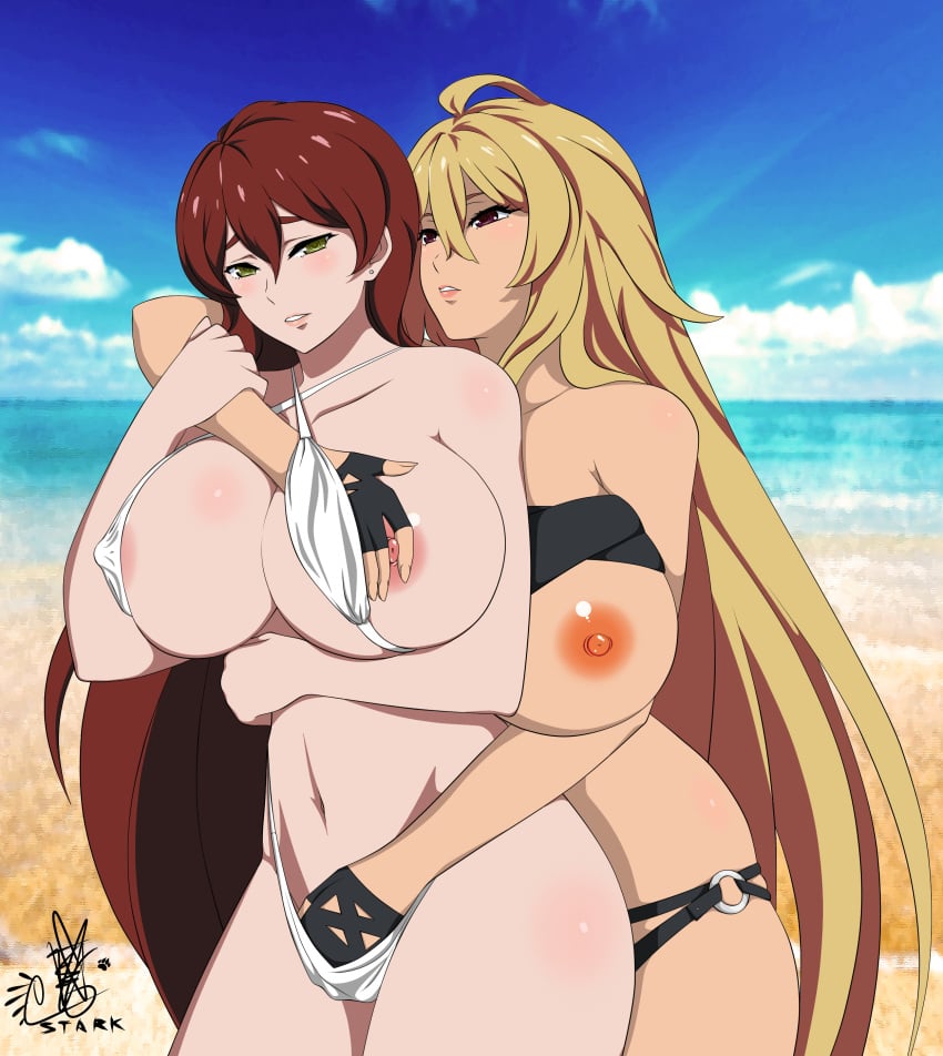 2girls absurdres ahoge beach blush breasts brown_hair criss-cross_halter dark_skin gloves green_eyes halter_top halterneck hand_in_swimsuit highres hiiragi_akira huge_breasts long_hair multiple_girls navel nipples ocean outdoors parted_lips purple_hair rexy-stark sand shikishima_mirei swimsuit valkyrie_drive valkyrie_drive_-mermaid- very_long_hair water yuri