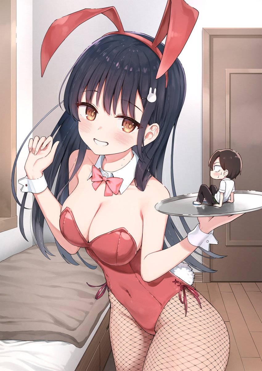 ass_visible_through_thighs bare_arms bare_shoulders bed bedroom belly_button_visible_through_clothing big_breasts black_hair blush boku_no_kokoro_no_yabai_yatsu breasts brown_eyes bunny_ears bunny_tail bunnysuit chibi cleavage collarbone detached_collar fishnet_pantyhose fishnets highleg highleg_leotard holding_plate ichikawa_kyoutarou leotard long_hair mole mole_on_neck official_art pantyhose parted_lips pointy_chin red_bunnysuit red_leotard sideboob smile strapless strapless_leotard sune_(mugendai) thighs wrist_cuffs yamada_anna