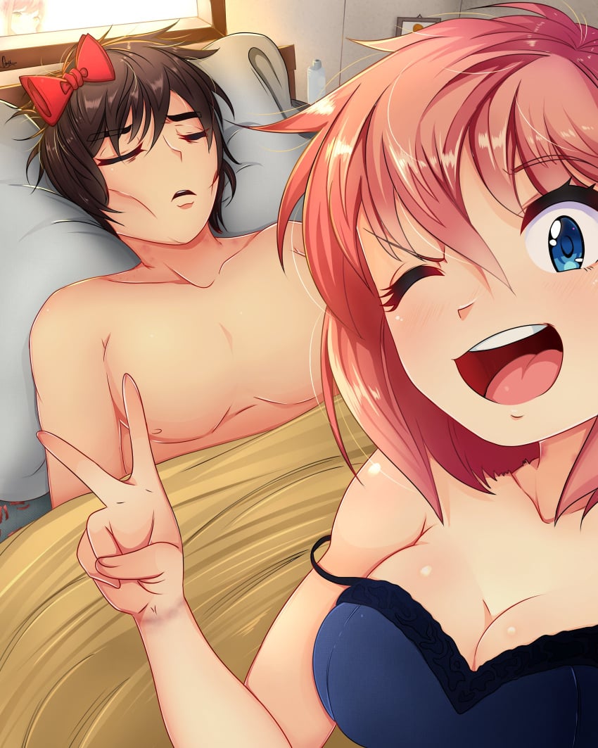 blue_eyes bow breasts brown_hair cleavage doki_doki_literature_club guy_tired_after_sex_(meme) hair_bow hairbow mc_(doki_doki_literature_club!) mouth_open onyxvoyd open_mouth red_bow sayori_(doki_doki_literature_club) strawberry_blonde_hairp