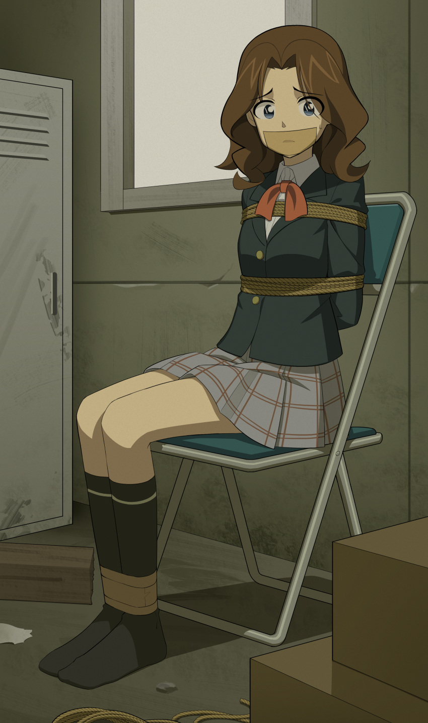 absurdres ankle_socks arms_behind_back blue_eyes bondage bondage bondage bound bound_legs brown_hair female gag highres improvised_gag medium_hair meitantei_conan on_chair pleated_skirt restrained shibari_over_clothes sitting skirt socks tape tape_gag wo_cao_xiao