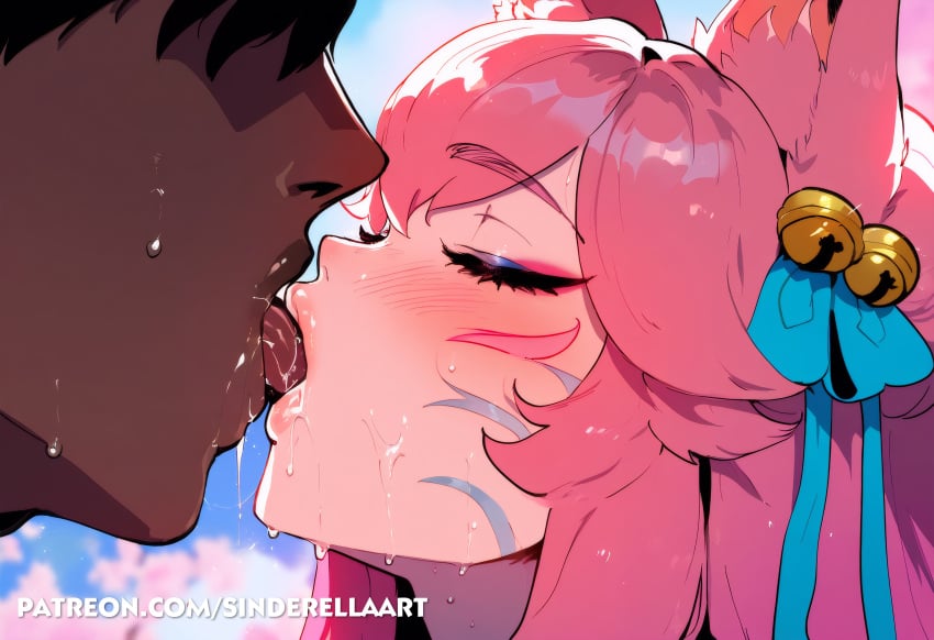 ahri ai_generated cheating dark-skinned_male eyes_closed interracial kissing kumiho league_of_legends light-skinned_female netorare ntr pink_hair riot_games sinderellaart spirit_blossom_ahri spirit_blossom_series straight tencent