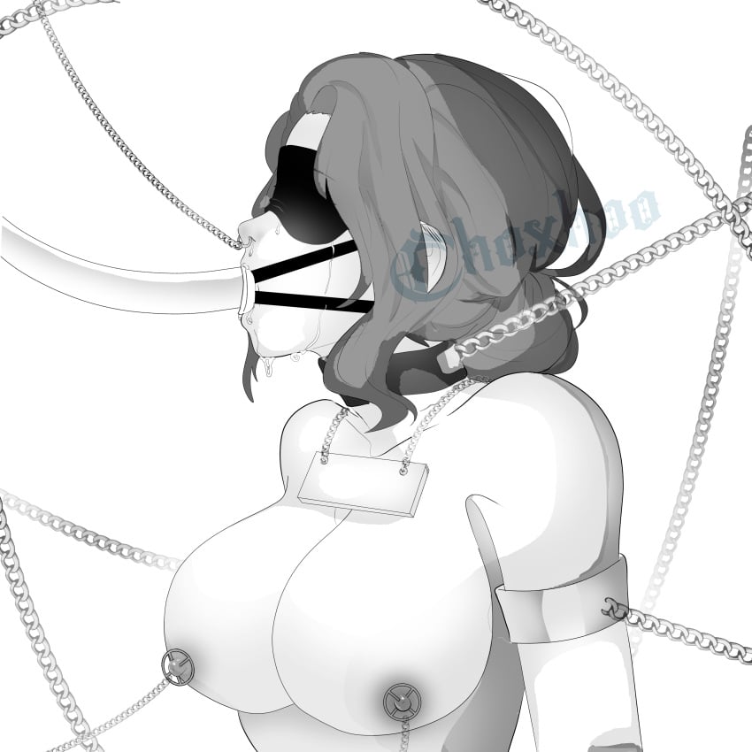 bdsm_collar big_breasts black_and_white bondage breasts choxhoo commission commission_art f female female_only hi_res highres horn tube tube_feeding tube_in_mouth tubes